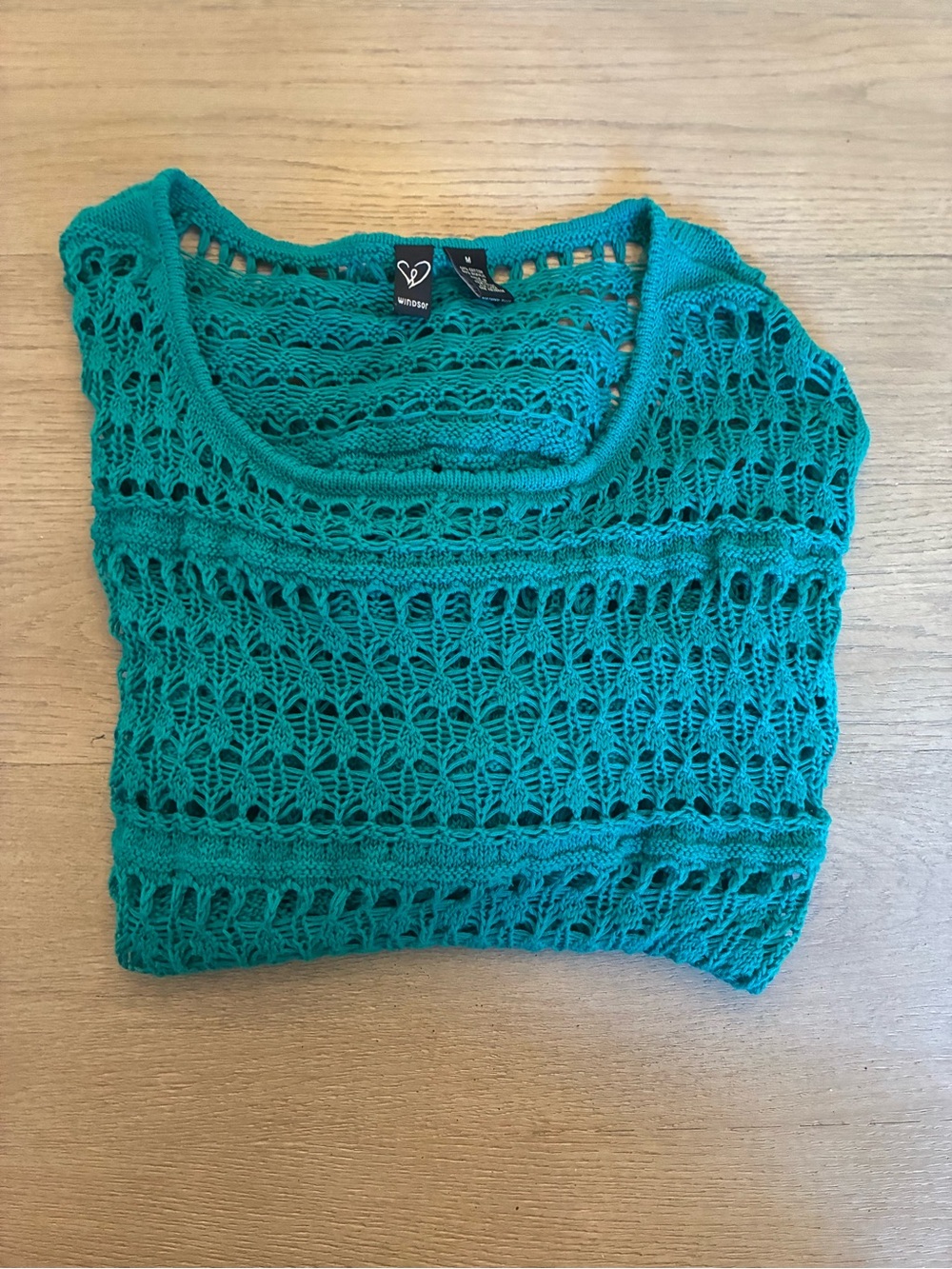 Windsor Teal Lose Knit Crochet Scoop-Neck Women's Sweater